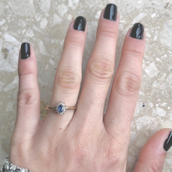 SOLD (Etsy) Light Blue Sapphire Diamond Halo Yellow Gold Ring - Picture 2 of 8